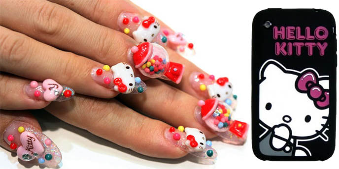 Hello Kitty gumball nails, harajuku nails, japanese cool nail art, Hello Kitty iPhone cover, weird tokyo products, Sanrio hell, strange Japanese goods, Tokyomango, Pink Tentacle, wacky Japan