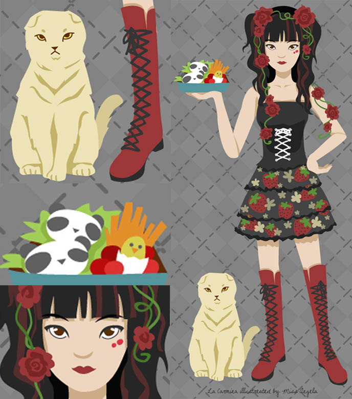 KAWAII ART, CUTE JAPANESE GRAPHIC ILLUSTRATIONS BY ANGELA CHE. HARAJUKU GIRLS TRIBES FABRIC PRINT, FUN PACKAGING DESIGN TOKYO STYLE. La Carmina fan art, picture painting of scottish fold cat, tokidoki, hello kitty, sanrio style art, gothic lolita drawings, computer illustrator, anime manga artist in los angeles