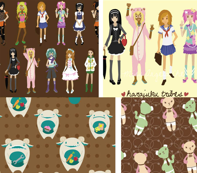 KAWAII ART, CUTE JAPANESE GRAPHIC ILLUSTRATIONS BY ANGELA CHE. HARAJUKU GIRLS TRIBES FABRIC PRINT, FUN PACKAGING DESIGN TOKYO STYLE. novelty cloth patterns, kid's animal prints, tokidoki, hello kitty, sanrio style art, gothic lolita drawings, computer illustrator, anime manga artist in los angeles