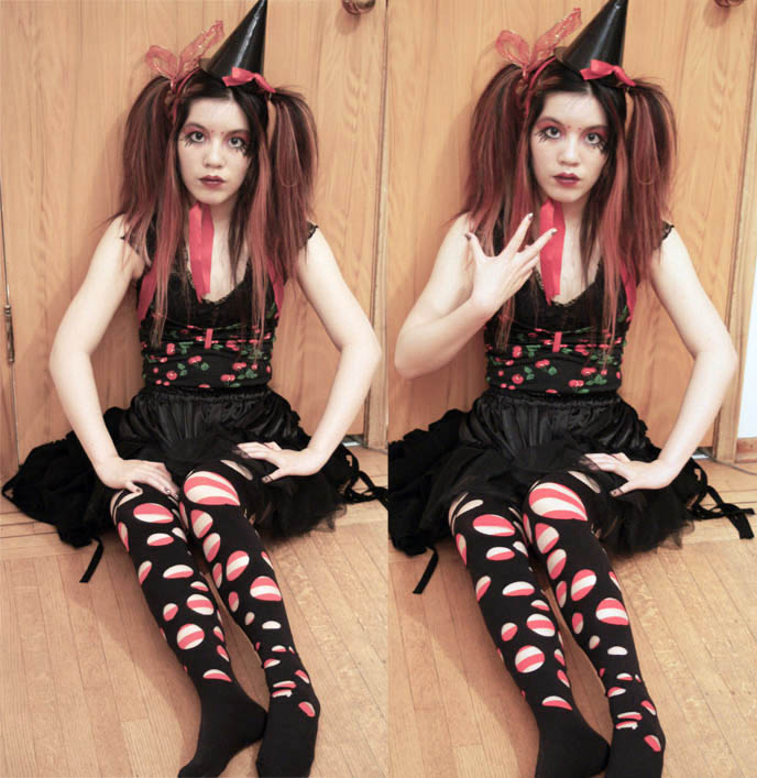 DIY JAPANESE TIGHTS WITH CUT-OUT HOLES, KOZI PIERROT MAKEUP & TINY WITCH'S HAT, CHERRY PIN-UP GIRL RETRO 1950S SWIMSUIT, lolita pierrot, crazy harajuku stockings and nylons, japan socks, scene emo ripped leggings, scene queen makeup tutorial.