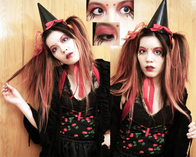 gothic lolita pierrot, crazy harajuku stockings and nylons, japan socks, scene emo ripped leggings, scene queen makeup tutorial. red eyeshadow, drawn on fake lower eyelashes, DIY JAPANESE TIGHTS WITH CUT-OUT HOLES, KOZI PIERROT MAKEUP & TINY WITCH'S HAT, CHERRY PIN-UP GIRL RETRO 1950S SWIMSUIT