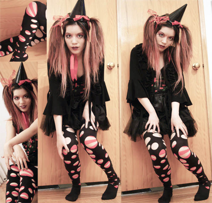 gothic lolita pierrot, crazy harajuku stockings and nylons, japan socks, scene emo ripped leggings, scene queen makeup tutorial. red eyeshadow, drawn on fake lower eyelashes, DIY JAPANESE TIGHTS WITH CUT-OUT HOLES, KOZI PIERROT MAKEUP & TINY WITCH'S HAT, CHERRY PIN-UP GIRL RETRO 1950S SWIMSUIT