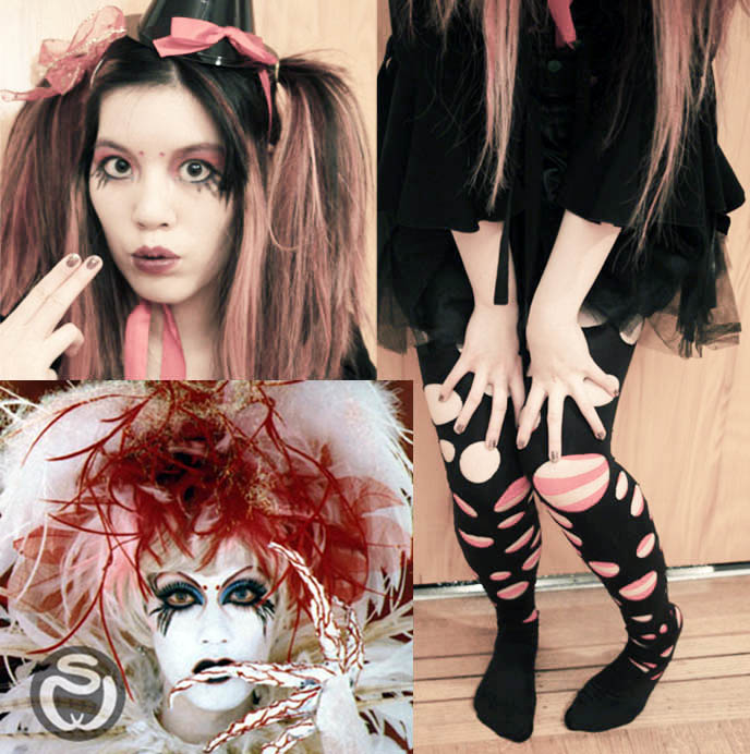 gothic lolita pierrot, crazy harajuku stockings and nylons, japan socks, scene emo ripped leggings, scene queen makeup tutorial. red eyeshadow, drawn on fake lower eyelashes, DIY JAPANESE TIGHTS WITH CUT-OUT HOLES, KOZI PIERROT MAKEUP & TINY WITCH'S HAT, CHERRY PIN-UP GIRL RETRO 1950S SWIMSUIT