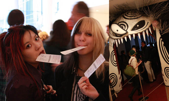 giant scary mouth entrance to Tim Burton special exhibit at MoMA, tickets and reservations, NYC museum of modern art, burton film movie retrospective, drawings by director, goth filmmaker, costumes and storyboards from Edward Scissorhands, The Nightmare Before Christmas, Batman, Mars Attacks!, Ed Wood, and Beetlejuice