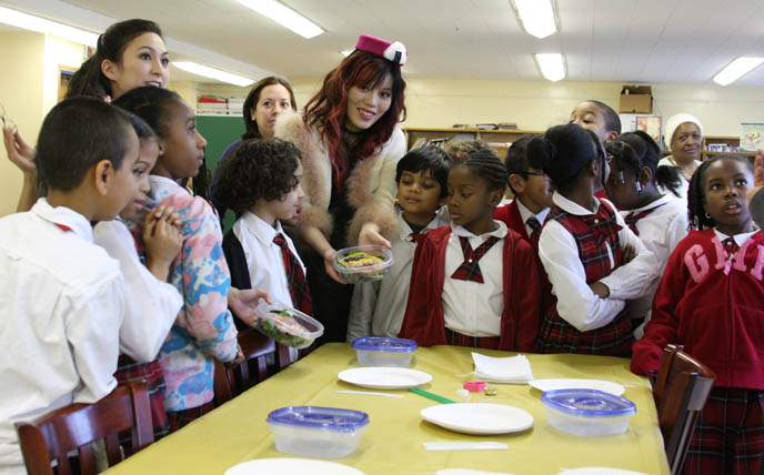 raising fists in air, hooray, TEACHING ELEMENTARY SCHOOL CHILDREN IN HARLEM HEALTHY EATING. JAPANESE CHARACTER BENTO LESSONS IN UNDERPRIVILEGED NEW YORK CLASSROOM. onigiri hat, phoenix wright cosplay, best cosplay outfits, harlem schoolchildren, kids in underprivileged school, cooking lessons, black skull scarf, silk black goth prom dress, TEACHING CHILDREN HEALTHY EATING HABITS, CUTE CHARACTER BENTO-MAKING AT HARLEM ELEMENTARY SCHOOL. pretty Asian model, Chinese idol girl, NHK TV, KAWAII BENTOS TV SHOW: LA CARMINA, BLOGGER & CUTE YUMMY TIME AUTHOR. filming japanese game show, charaben, CUTE CHARACTER BENTO, crazy FOOD COOKING SHOW, NHK JAPAN TV DOCUMENTARY SHOOT, NEW YORK WAVE