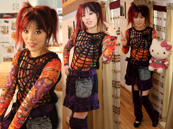 spider cobweb top, cool original japanese womens clothing. NHK KAWAII BENTOS TV SHOW: INTERVIEW WITH LA CARMINA, BLOGGER & CUTE YUMMY TIME AUTHOR. PEACE NOW JAPAN, VIVIENNE TAM. CUTE CHARACTER BENTO, JAPANESE FOOD COOKING SHOW, NHK JAPAN TV DOCUMENTARY SHOOT, NEW YORK WAVE BENTO SHOW, charaben, la carmina, red pink scene hair girl, vivienne tam ganesha sheer rainbow shirt, vintage vivienne tam, peace now gothic lolita marui one