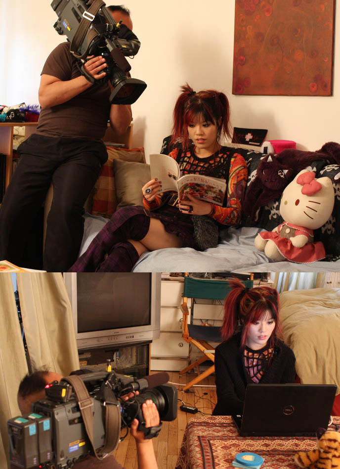 tv cameras filming in japan, japanese tv show shoot, spider cobweb top, cool original japanese womens clothing. NHK KAWAII BENTOS TV SHOW: INTERVIEW WITH LA CARMINA, BLOGGER & CUTE YUMMY TIME AUTHOR. PEACE NOW JAPAN, VIVIENNE TAM. CUTE CHARACTER BENTO, JAPANESE FOOD COOKING SHOW, NHK JAPAN TV DOCUMENTARY SHOOT, NEW YORK WAVE BENTO SHOW, charaben, la carmina, red pink scene hair girl, vivienne tam ganesha sheer rainbow shirt, vintage vivienne tam, peace now gothic lolita marui one
