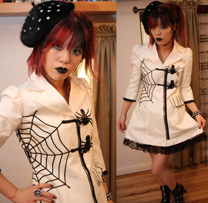 spider web cobweb coat, embroidered unique cool jacket, black lipstick, cool original japanese womens clothing. black beret with sparkles, fairy kei fashion, nile perch laforet. NHK KAWAII BENTOS TV SHOW, BLOGGER & CUTE YUMMY TIME AUTHOR. CUTE CHARACTER BENTO, JAPANESE FOOD COOKING SHOW, NHK JAPAN TV DOCUMENTARY SHOOT, NEW YORK WAVE BENTO SHOW, charaben, la carmina, red pink scene hair girl, military coats silver buttons, tailored custom goth clothes