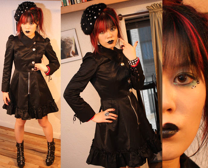 black lipstick, napoleon jacket, cool original japanese womens clothing. black beret with sparkles, fairy kei fashion, nile perch laforet. NHK KAWAII BENTOS TV SHOW, BLOGGER & CUTE YUMMY TIME AUTHOR. CUTE CHARACTER BENTO, JAPANESE FOOD COOKING SHOW, NHK JAPAN TV DOCUMENTARY SHOOT, NEW YORK WAVE BENTO SHOW, charaben, la carmina, red pink scene hair girl, military coats silver buttons, tailored custom goth clothes