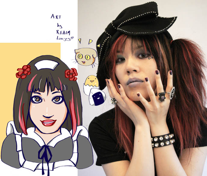 fan art of fashion bloggers, drawings of maid cafe girls, moe, akihabara maid cafes, La Carmina goth clothing line, different colored eyeshadows, bright makeup techniques, cool fashion japan, harajuku street style, aretha franklin hat with big bow, japanese horror tshirts, coolest original graphic tees prints from Japan