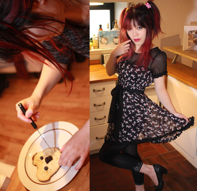 Yumi London clothing, Vivienne Westwood leggings with globe planet logo, goth girl dress, cute yorkie dogs print fabric, adorable sheer black top, cutest wrap casual dresses, BONUS FOOTAGE FROM CUTE CHARACTER BENTO MAKING TV SHOW. FUNNY WEIRD JAPANESE TELEVISION, GAME SHOWS. NHK Japan tv, Tokyo filming, kawaii bentos, photos of bento lunch box decoration, cute yumm time cookbook by La Carmina. making animal shaped pancakes, eating cute animal sandwiches