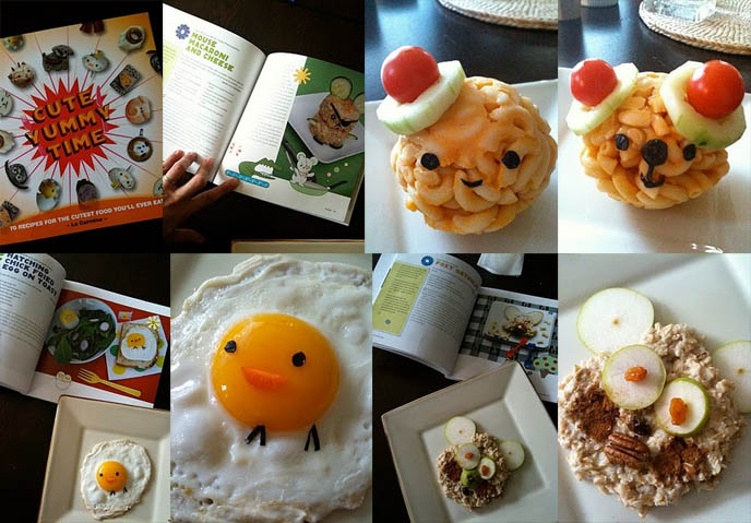 Cute Yummy Time book, bento blog, recipes from La Carmina cute bento decoration cookbook, fried egg baby chick, carrot beak, fox oatmeal, book cover of kawaii recipes food book, bento box lunches, macaroni cheese shaped animals