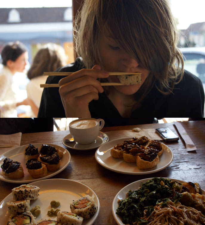 brown rice sushi, m cafe de chaya, melrose cafe, vegetarian vegan macrobiotic food in los angeles, best vegetarian restaurants in la, reviews of m cafe, blond teen boy eating sushi, healthy food pictures, japanese food best sushi bars in california, cute emo boys wearing glasses, skinny black jeans teenage boys, pretty boys, visual kei hair, lush blond hair men