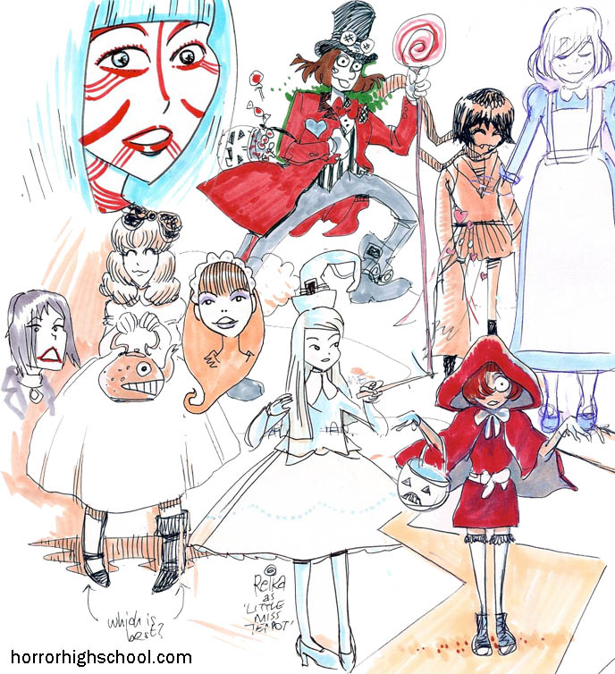 halloween costume sketches, tim burton costume design concept sketches drawings, GOTHIC LOLITA MANGA DRAWINGS, CUTE GOTH GIRL SKETCHES FROM HORROR HIGH SCHOOL MOVIE. drag queen tranny transsexual cross-dressing cosplay japanese harajuku jpop la carmina goth gothic lolita funny humor silly beauty fashion style blogger, japanese b-movie, horror movie Tokyo, gothloli girls, scary goths