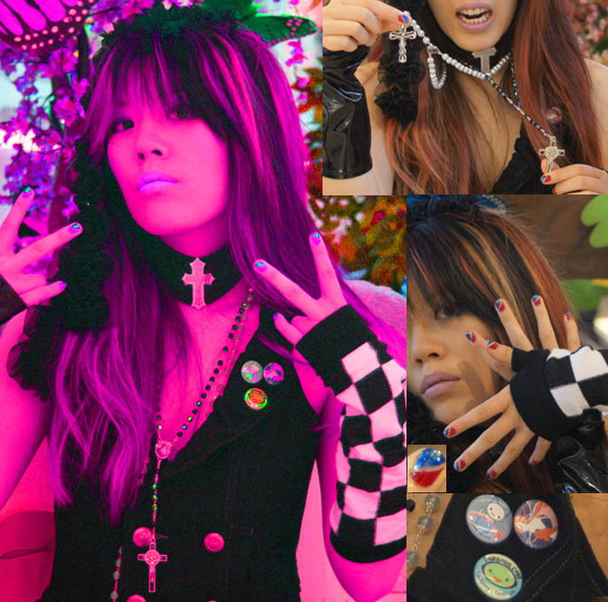 GOTH EASTER OUTFIT: HARAJUKU ARM WARMERS, CRUCIFIX CHOKER, BEADED ROSARIES, EXTRA LONG JAPANESE RUNCHED SOCKS, scene queen catholic rosary, japan gothic lolita fashion, egl coordinates, daily lolita, tokyo street style, algonquins brand clothing, kera magazine scans