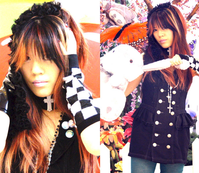 girl pulling cute toy bunny ears, plush toy rabbit, GOTH EASTER OUTFIT: HARAJUKU ARM WARMERS, CRUCIFIX CHOKER, BEADED ROSARIES, EXTRA LONG JAPANESE RUNCHED SOCKS, scene queen catholic rosary, japan gothic lolita fashion, egl coordinates, daily lolita, tokyo street style, algonquins brand clothing, kera magazine scans