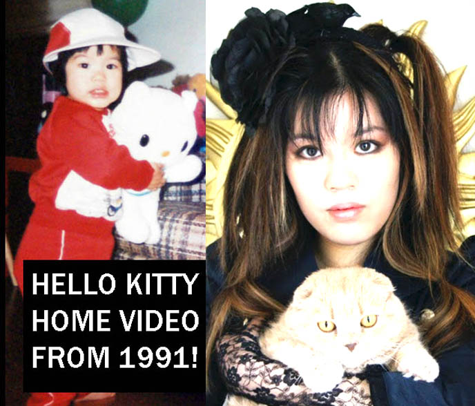 Hello kitty vintage plush toy, gothic lolita girl, disappearing nose visual kei, mana sama hair, gothloli hairstyles, lolita hair, la carmina, sanrio cat, hello kitty sanrio movie film kawaii cute 1990s funny silly kid's home videos children voices toys plush kitties harajuku japan japanese vintage retro cuteness lol wtf, pretty asian girl