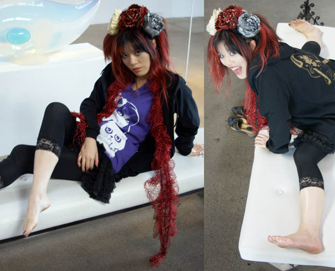 girl doing splits, flexible legs, yoga postures, front splits, funny face open mouth, happy asian girl, installation art, sculpture modern, LOS ANGELES MAID CAFE, ROYAL/T ART GALLERY SPACE, JAPANESE DESIGN DOLL SHOP, COSPLAY LA THEME RESTAURANT. crazy wacky theme restaurants japan, flowers in hair harajuku girl, gothic lolita mana sama, malice mizer fans, cute kawaii japan art, paintings, exhibit in california
