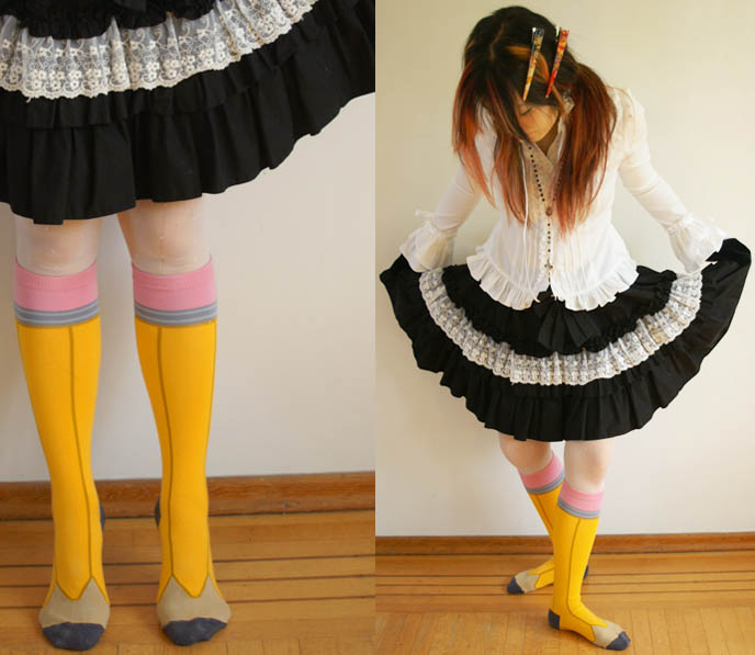 JAPANESE CUTE FUNNY KNEE-HIGH PENCIL SOCKS, GOTHIC LOLITA EGL BLOUSE & RUFFLED BELL SKIRT, JAPAN HAIR CLIPS, Gothic lolita outfit post, daily lolita, sock dreams, designer socks, japanese tights stockings, fun hosiery online.