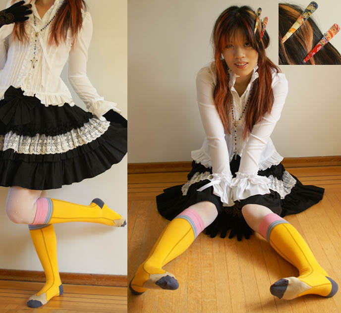 JAPANESE CUTE FUNNY KNEE-HIGH PENCIL SOCKS, GOTHIC LOLITA EGL BLOUSE & RUFFLED BELL SKIRT, JAPAN HAIR CLIPS, Gothic lolita outfit post, daily lolita, sock dreams, designer socks, japanese tights stockings, fun hosiery online.