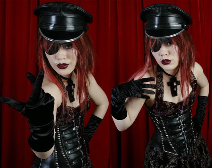 LEATHER DOMINATRIX CAP & EYEPATCH: ALTERNATIVE MODELLING, GOTHIC FETISH PHOTOGRAPHY. LIP SERVICE JACKET, HANDMADE CORSET. MILITARY FASHION SHOW: APOLLO STAR GOTH PHOTOGRAPHY, LA CARMINA FETISH VISUAL KEI PHOTOSHOOT IN HOLLYWOOD CA. hot goth girl models, gothic women, dating, cyber industrial clothing, alternative fashion models, leather corset spikes, blue hair anime character