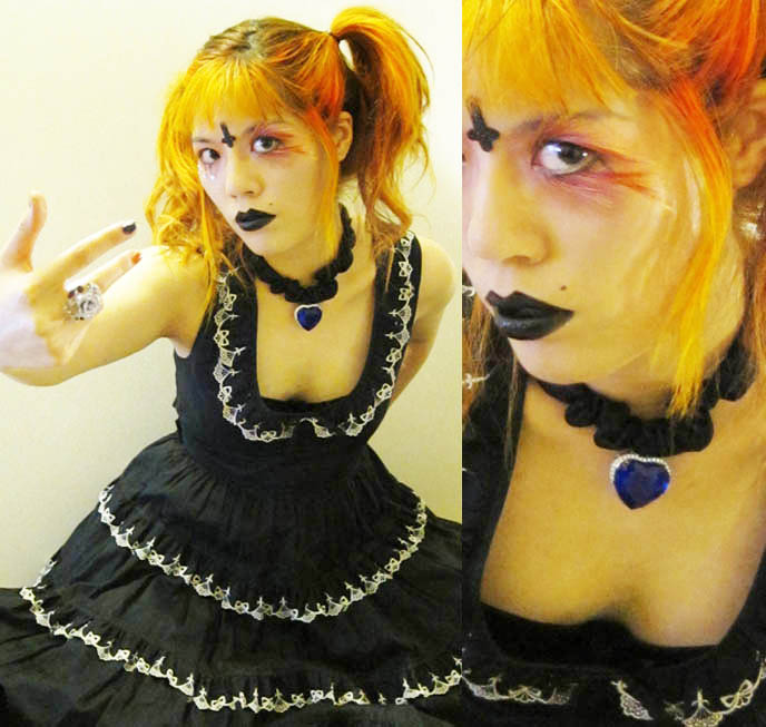 japanese goth girls, orange hair in pigtails,  BLACK GOTH LIPSTICK, EXTREME FAKE EYELASHES, FEATHERED EYELASHES, glittery mineral eye makeup, heart of the ocean Titanic necklace, funny comedy beauty demo, innocent world gothic lolita dress, TOKYO EVIL QUEEN VIDEO! SUGARPILL MAKEUP TUTORIAL, FEATHERED EYELASHES, GOTH BLACK LIPSTICK & MINIONS. JAPANESE tv,