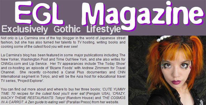 egl magazine, gothic lolita cake hat, interview with la carmina, lolita blogger, goth lolita blogs, japanese street fashion bloggers, top style blogger, fashion blogs rank, travel tv host, jpop anime manga tv show