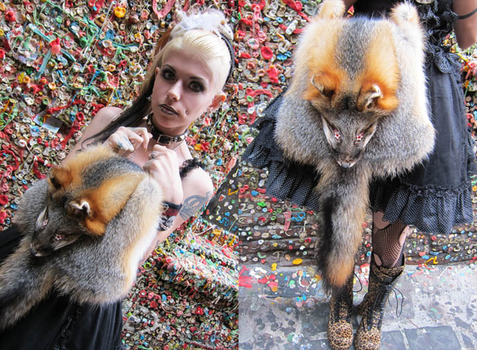  fox taxidermy purse, fur bags, purses with animal head, GOTH FEATHER EYELASHES, STEAMPUNK LIP SERVICE SKIRT, GREEN LIPSTICK, FEATHERED BOA. black gothic lolita dress, japan kanji tattoos, D'ESPAIRSRAY VISUAL KEI CONCERT OUTFIT. dramatic false eyelashes gothic cyber, how to put on fake lashes, japanese goth fashion, harajuku style, inspiration makeup photos