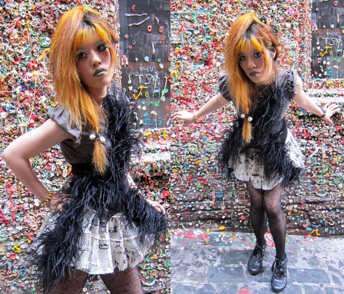 GOTH FEATHER EYELASHES, STEAMPUNK LIP SERVICE SKIRT, GREEN LIPSTICK, FEATHERED BOA. black gothic lolita dress, japan kanji tattoos, D'ESPAIRSRAY VISUAL KEI CONCERT OUTFIT. dramatic false eyelashes gothic cyber, how to put on fake lashes, japanese goth fashion, harajuku style, inspiration makeup photos, jrock stage costumes, orange hair girl
