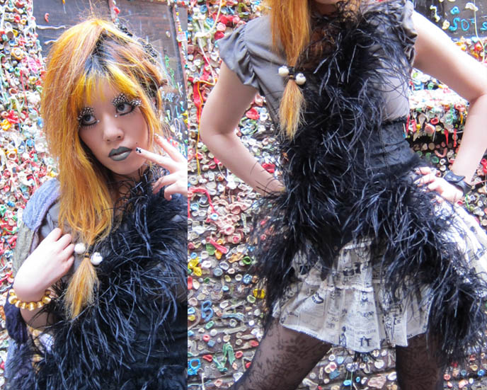 inspiration makeup photos, jrock stage costumes, orange hair girl, GOTH FEATHER EYELASHES, STEAMPUNK LIP SERVICE SKIRT, GREEN LIPSTICK, FEATHERED BOA. black gothic lolita dress, japan kanji tattoos, D'ESPAIRSRAY VISUAL KEI CONCERT OUTFIT. dramatic false eyelashes gothic cyber, how to put on fake lashes, japanese goth fashion, harajuku style