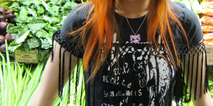 kawaii panda necklace, japanese jewelry, hyaena gallery logo t-shirt, los angeles art, VISUAL KEI ORANGE HAIR COLOR. GOTH GIRL T-SHIRT! CHEEKY JEZEBEL CUTE JEWELRY, 365HANGERS DISCOUNT DESIGNER WOMEN'S CLOTHING. discount designer brand name women's clothing, theory black sparkle skirt, red angelic pretty boots, gothic lolita shoes, alice in wonderland boots, fringe t-shirt, rocking horse boots, emo goth teen fashion, whole foods photoshoot, supermarket grocery store fashion editorial