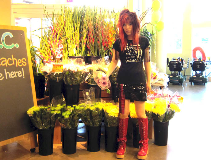 theory black sparkle skirt, red angelic pretty boots, gothic lolita shoes, alice in wonderland boots, fringe t-shirt, rocking horse boots, emo goth teen fashion, whole foods photoshoot, supermarket grocery store fashion editorial, VISUAL KEI ORANGE HAIR COLOR. BRAND NAME LABEL CLOTHING. CHEEKY JEZEBEL CUTE JEWELRY, 365HANGERS DISCOUNT DESIGNER WOMEN'S CLOTHING. discount designer brand name women's clothing, lolitas