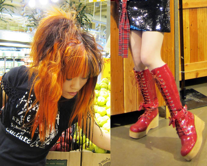 red angelic pretty boots, gothic lolita shoes, egl alice in wonderland boots, theory black sequin miniskirt, fringe t-shirt, rocking horse boots, emo goth teen fashion, whole foods photoshoot, supermarket grocery store fashion editorial, VISUAL KEI ORANGE HAIR COLOR. BRAND NAME LABEL CLOTHING. CHEEKY JEZEBEL CUTE JEWELRY, 365HANGERS DISCOUNT DESIGNER WOMEN'S CLOTHING. discount designer brand name women's clothing, lolitas