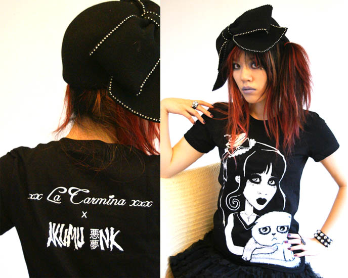 la carmina fashion line, clothing collection, brand lacarmina, akumu ink, goth tshirts, gothic girl shirts, wholesale goth clothes, spooky scary graphic tee, scottish fold shirt, gothic lolita girl holding cat, edward gorey drawings