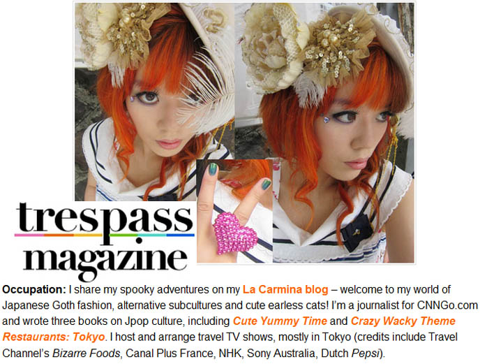 trespass magazine, fashion arts webzine, alice and the pirates hat, orange hair girl, bright alternative hair colors, neon hair dye, la carmina fashion line, clothing collection, brand lacarmina, akumu ink, goth tshirts, gothic girl shirts, wholesale goth clothes, spooky scary graphic tee, baby the stars shine bright dress