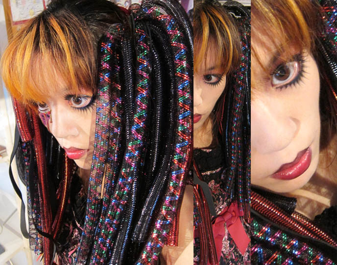 CYBER GOTH DREADS FALLS, plastic tubing headpieces wigs, cyberlox synthetic hair VICKILYN'S CLOSET. cyberlolita, cybergoth, takuya angel eyelashes accessories, japanese doll fashion girl model, alice and pirates dress, ripped fishnet stockings, x japan concert, jrock concert, エックス ジャパン, X JAPAN TOUR HITS VANCOUVER, 2010 NORTH AMERICA VISUAL KEI CONCERTS. yoshiki world domination, queen elizabeth theatre vancouver bc canada, canadian j-rock tours concerts, buy xjapan tickets