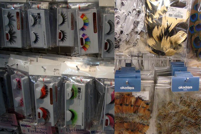WHERE TO BUY FABRIC, CLOTH & TRIMMINGS IN TOKYO, JAPAN. SHINJUKU FALSE EYELASHES, COSTUME MAKEUP: OKADAYA. TOKYO FABRIC STORE: ODAKAYA, SHINJUKU. WHERE TO BUY JAPANESE FAKE EYELASHES, LOLITA ANIME COSPLAY WIGS, FEATHER BOAS, NAIL POLISH. costume wig halloween, visual kei makeup brands, drag queen outfits, trimmings ribbon lace in japan, cool fabrics sparkly, jrock wig