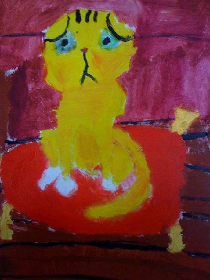 Scottish Fold kitten drawing, artwork by child, yellow scottish fold cat with tiger stripes. where to find purebred kittens, cattery for fold eared cats, rare breeds of kittens in US. スコティッシュフォールド, kawaii neko, cats 猫