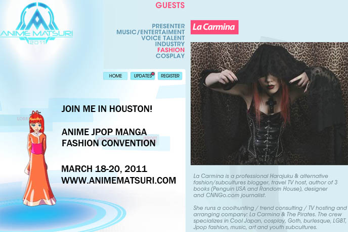 Japanese street fashion show, ANIME MATSURI 2011: LA CARMINA & H.NAOTO AT JAPANESE CONVENTION IN HOUSTON, TEXAS! HANGRY & ANGRY, SIXH HARAJUKU STORES, buy tickets, dates, event information for anime matsuri 2011, march 18 to 20, japanese fashion expert, japan fashion speaker, pop culture consultant, DESIGNER GASHICON. H.NAOTO FASHION SHOW, HARAJUKU LATEST PUNK STREET STYLES, CUTE JAPANESE GIRL MODELS. H.NAOTO sixh, s-inch, anime conventions selling gothic lolita clothes, elegant goth aristocrat, punk japanese clothes for sale, gothic lolita punk fashion harajuku h.naoto sixh hangry angry gashicon cute japanese girls models lolitas pretty kawaii adorable girl young teens schoolgirls modeling b-52s runway show presentation collection preview tokyo street style cool new fashions latest trendy fads streetwear s-inc goth girls interview designer manga anime jpop