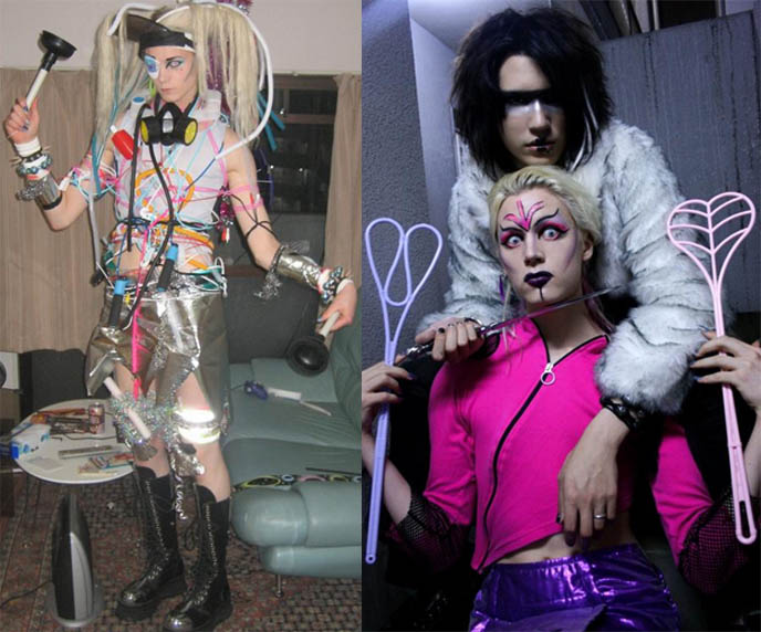 Tokyo Decadance fashion, club night in Japan. Crazy cyber headpiece, rave pants, neon robot.