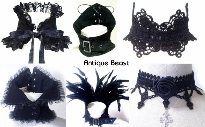 Antique Beast vampire chokers, Goth necklaces with lace, crucifix and black roses. Japanese Gothic Lolita clothes, designer label Tokyo