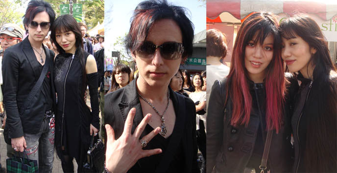 Goth boy, dyed black hair with red, South Park goth kids. Purple haired girl, pretty Japanese Goths. Gothic sunglasses, rings with skull, Lord Camelot rings, silver jewelry with crosses, fleur de lis. Ozz On, Ozz Croce Japan designer