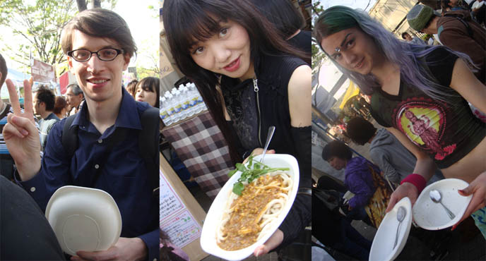 Tokyo Earth Day vegetarian food, recycled plates. Goth and cyber fashion, makeup and hair. Cute Japanese Goth girl.