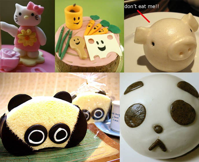 Cute birthday cake with Hello Kitty fondant, panda bear steamed buns and bread, cute cooking Japanese food decorated recipes.