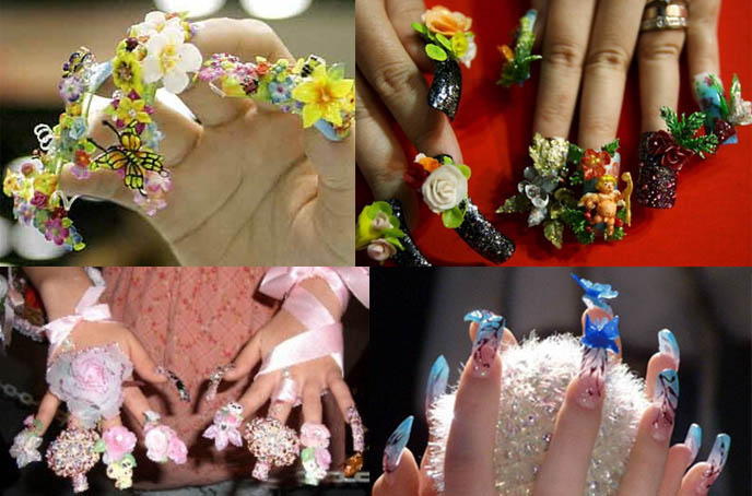 Weird, strange nail art, Japanese crazy wild bizarre decorated nails. Long fake nails with stick ons, nail decorating competition, top best nail artists.