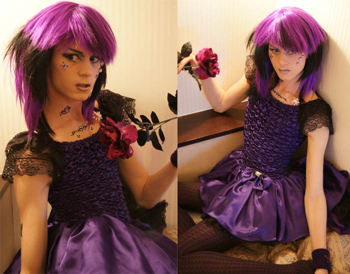 purple hair wig, crossdressing, Tokyo Japan, Swedish model Yukiro Dravarious, fierce hot costume Goth cyber