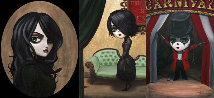 Gothic girls paintings, dark goth Victorian art portraits of Rick Blanco or Dienzo. Spooky artwork, solo exhibition.