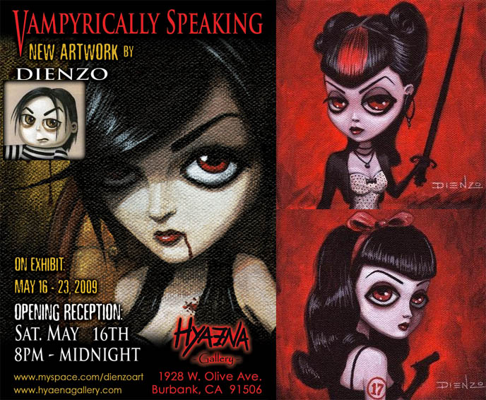 Vampire art and paintings, artwork exhibit at Hyaena Gallery in Burbank, Los Angeles, CA. Pretty gothic emo girls with alternative hair, tight corsets.