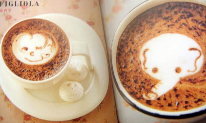 Cute latte art, decorated cappuccino milk foam, animal designs by barista, kawaii food art elephant and smiley face.