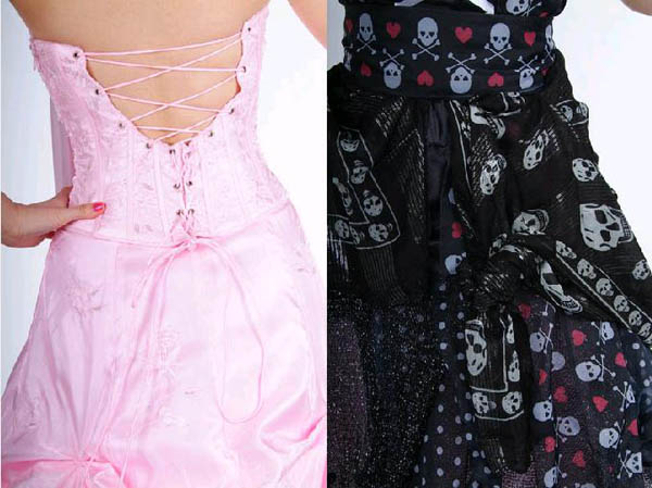 Ugly pink prom dress with corset, lace back. skull scarves, crossbones hearts emo patterns, long neck scarves and goth fabrics